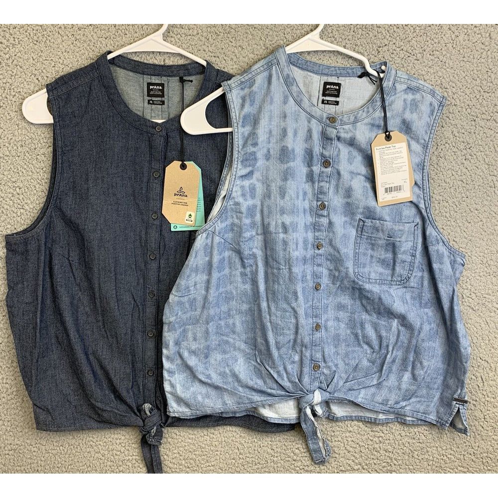 Lot of 2 Prana Womens Sunrise‎ Peak Tops Denim Tie Front Sleeveless Sz XL NWT